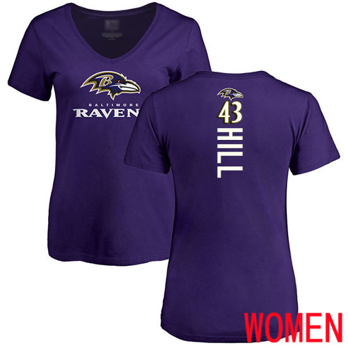 Baltimore Ravens Purple Women Justice Hill Backer NFL Football #43 T Shirt->women nfl jersey->Women Jersey